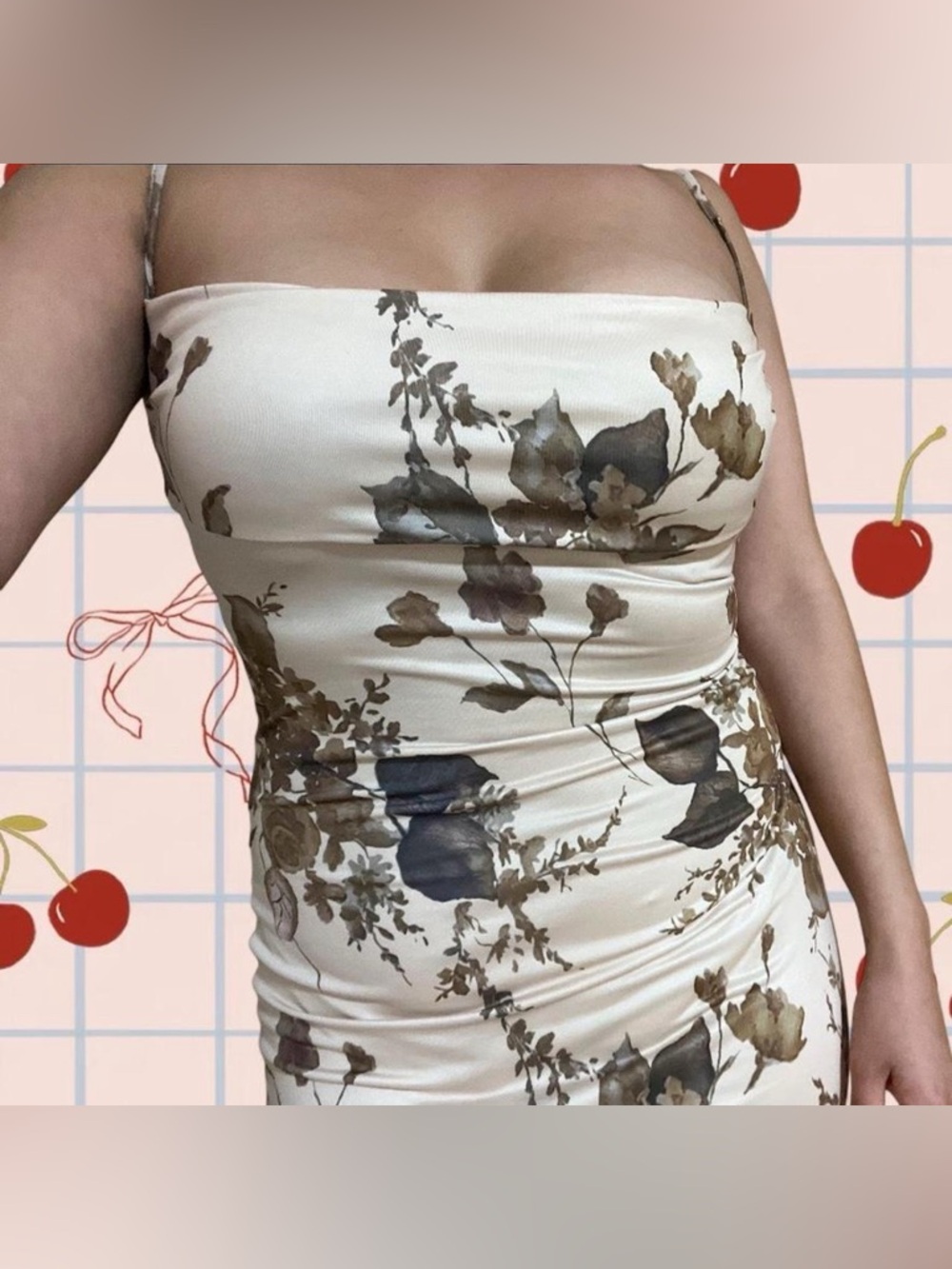 Cowl Neck Maxi Slip Dress in Cream with Brown Floral